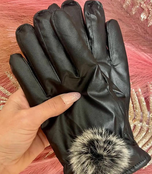 Piper Pom Pom Faux Leather Gloves- Black